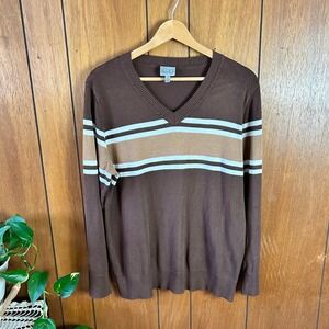 Vintage The Slope Junior Plus Brown Striped V-Neck Knit Sweater 1X Vintage Style
